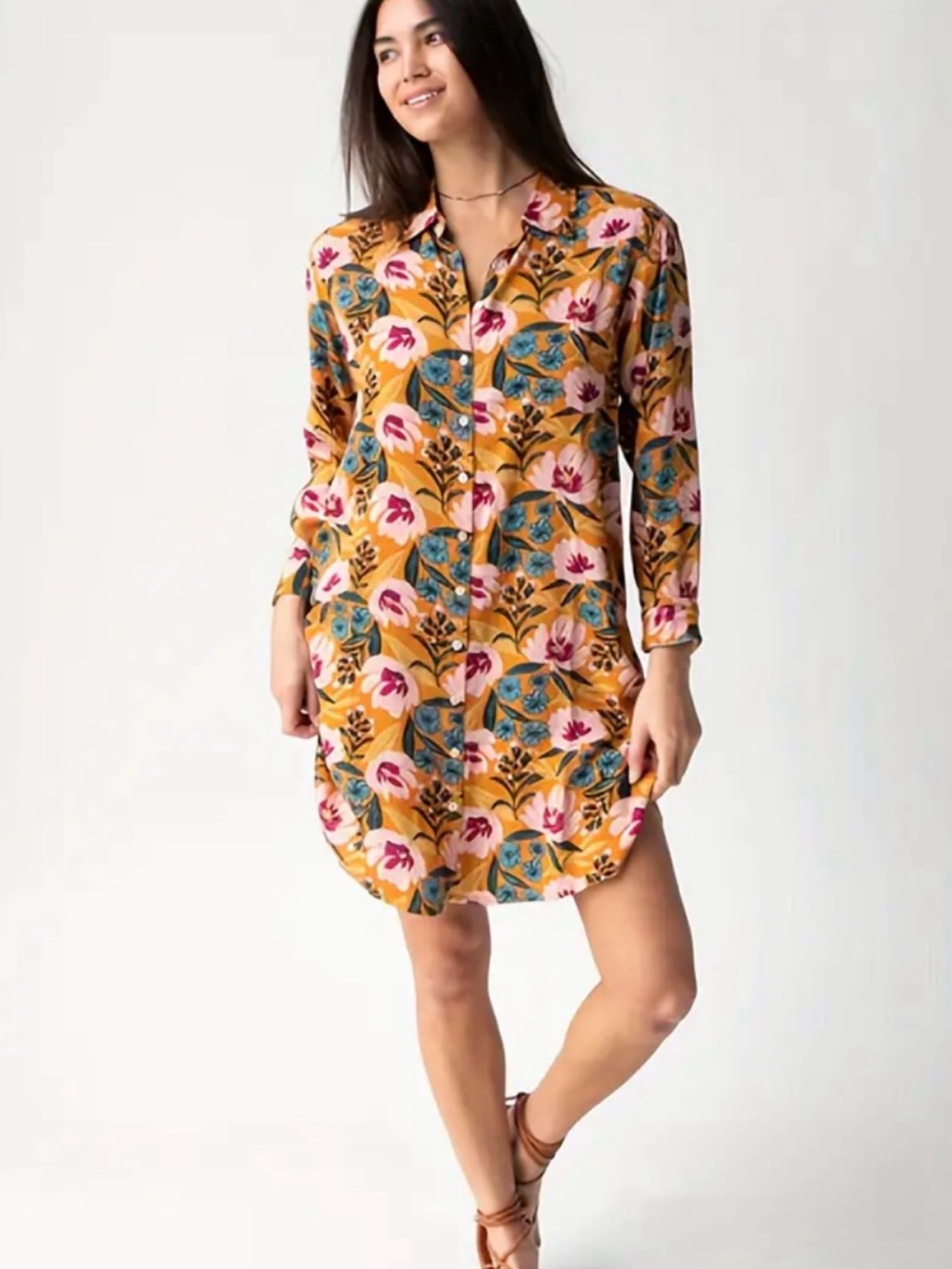 Natural Life Floral Mustard Button-Up Shirt Dress